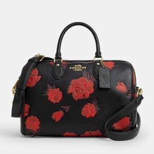 Coach Rowan Large Satchel Bag With Floral Print CCE27 in Black/Red